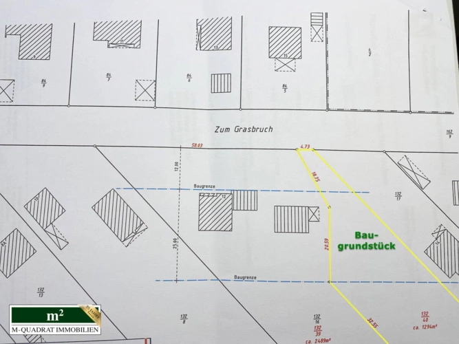 Bemaßter Lageplan mit Skizzierung der Baugrenze