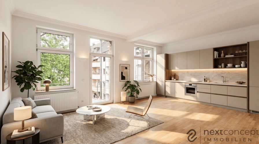 Wohnzimmer mit offener Küche (KI-generiert)