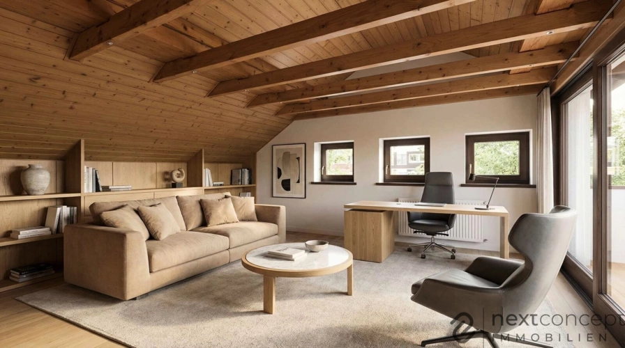 Wohnzimmer im Dachgeschoss (KI-generiert)