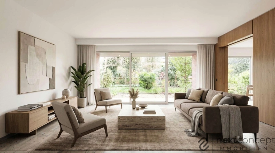 Wohnzimmer mit Terrassenzugang (KI-generiert)