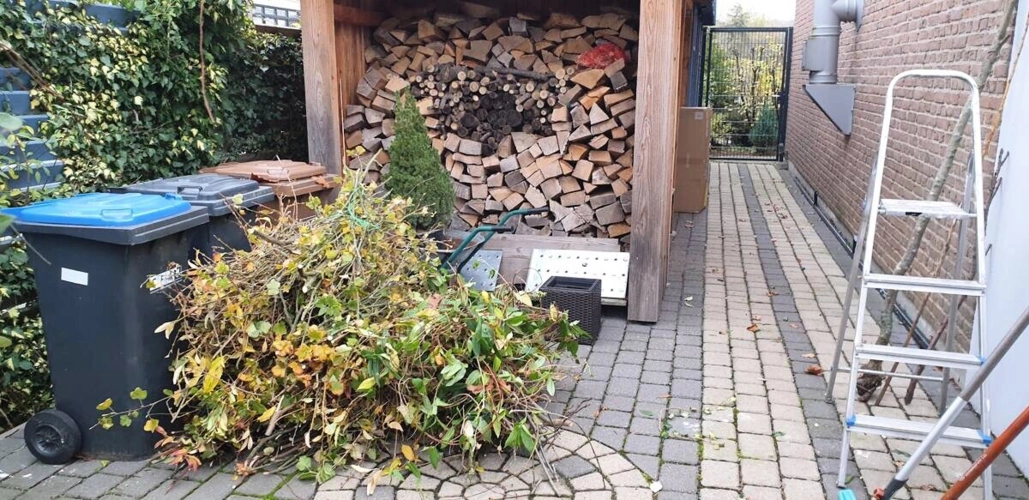 Brennholzdepot und gepflasterter Eingangsbereich Garten