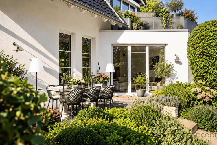 Elegante Gartenterrasse mit uppigem Grun